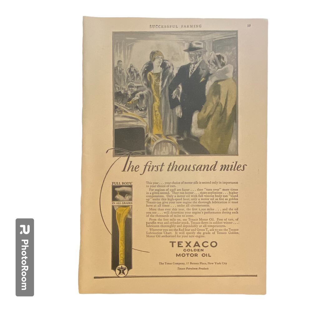 Vtg Color Texaco Golden Motor Oil Print Advertisement March 1928 Frame Ready